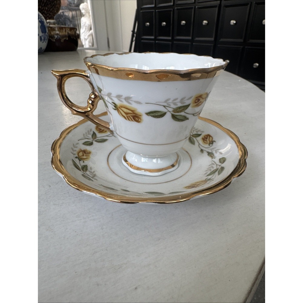 Bone China Teacup And Saucer Yellow Floral W/ Gold Trimming And Handle